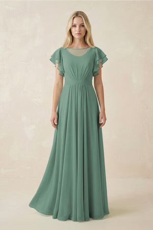 Sea Glass Cap Sleeve Ruffled A-Line Chiffon Bridesmaid Dress | KISSBRIDAL