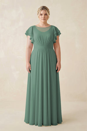 Sea Glass Cap Sleeve Ruffled A-Line Chiffon Bridesmaid Dress | KISSBRIDAL