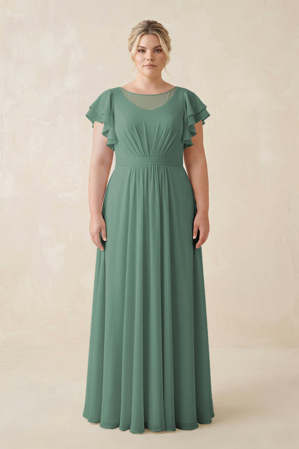 Sea Glass Cap Sleeve Ruffled A-Line Chiffon Bridesmaid Dress | KISSBRIDAL