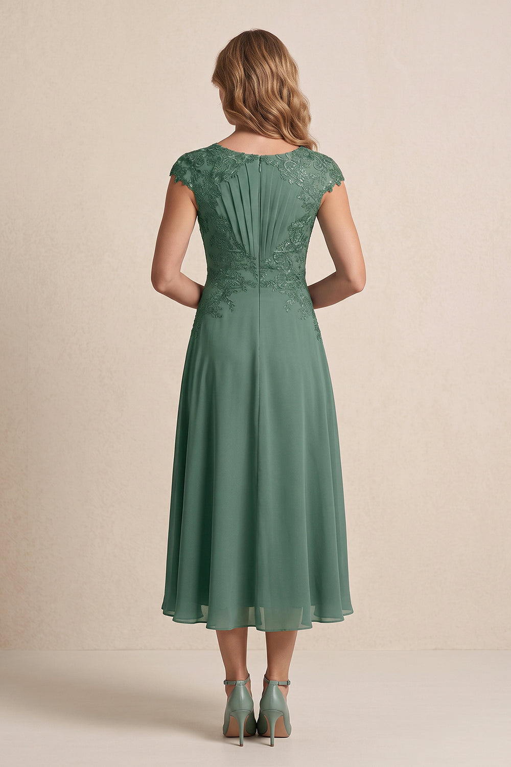 Sea Glass Cap Sleeves A-Line Chiffon Embroidered Mother of the Bride Dress