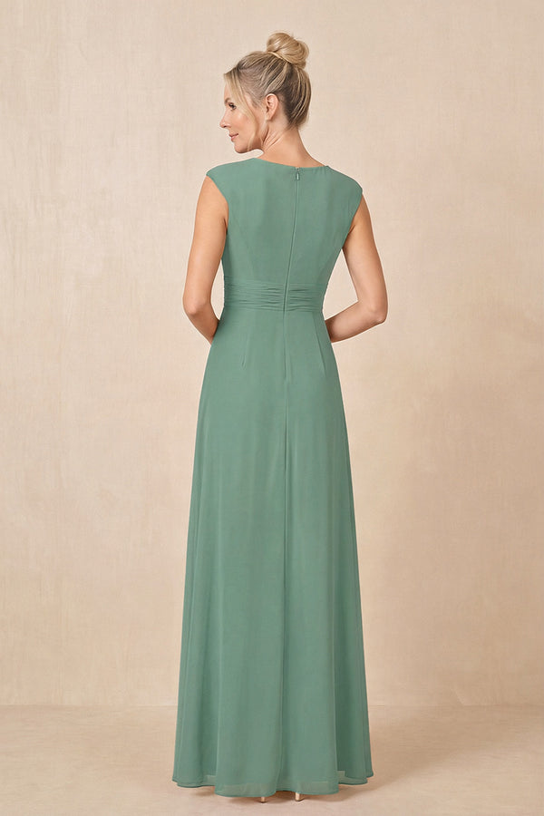 Sea Glass Cap Sleeves A-Line Chiffon Pleated Ruffled Mother of the Bride Dress (2) | KISSBRIDAL