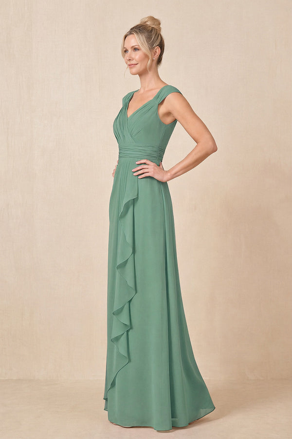 Sea Glass Cap Sleeves A-Line Chiffon Pleated Ruffled Mother of the Bride Dress (3) | KISSBRIDAL
