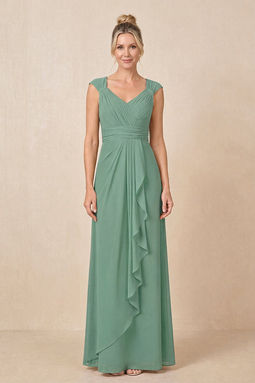 Sea Glass Cap Sleeves A-Line Chiffon Pleated Ruffled Mother of the Bride Dress | KISSBRIDAL