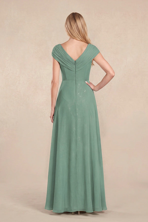 Sea Glass Cap Sleeves Chiffon A-Line Lace V-Neck Mother of the Bride Dress (2) | KISSBRIDAL