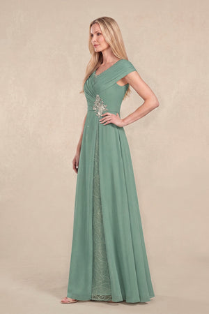 Sea Glass Cap Sleeves Chiffon A-Line Lace V-Neck Mother of the Bride Dress (3) | KISSBRIDAL