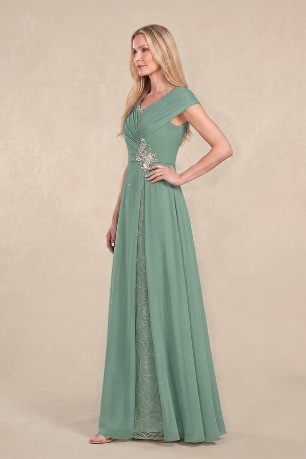 Sea Glass Cap Sleeves Chiffon A-Line Lace V-Neck Mother of the Bride Dress (3) | KISSBRIDAL