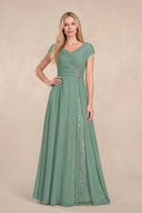 Sea Glass Cap Sleeves Chiffon A-Line Lace V-Neck Mother of the Bride Dress | KISSBRIDAL