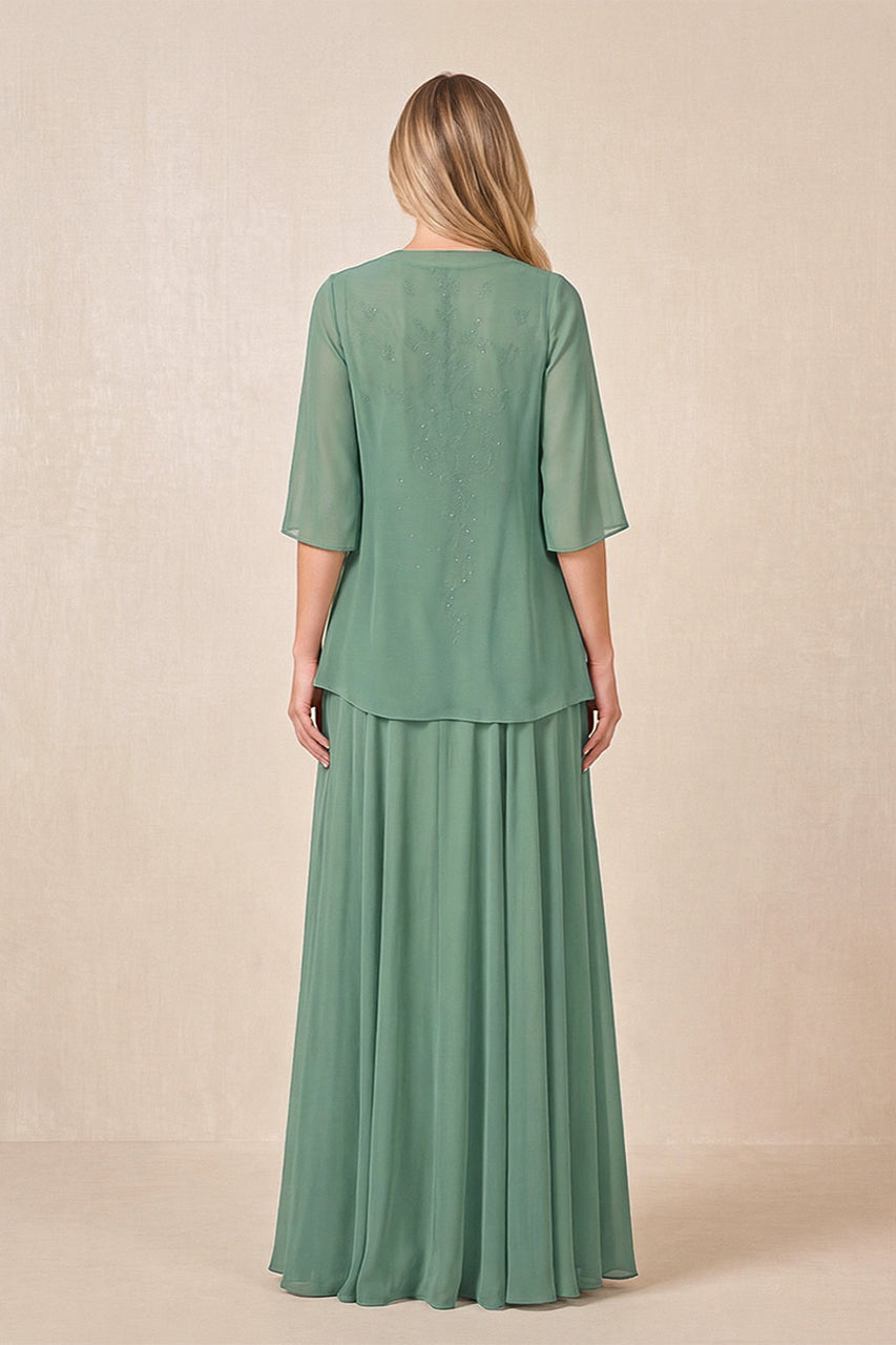 Sea Glass Cape Sleeves A-Line Chiffon Scoop Neck Embroidered Mother of the Bride Dress