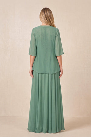 Sea Glass Cape Sleeves A-Line Chiffon Scoop Neck Embroidered Mother of the Bride Dress (2) | KISSBRIDAL