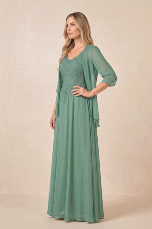 Sea Glass Cape Sleeves A-Line Chiffon Scoop Neck Embroidered Mother of the Bride Dress (3) | KISSBRIDAL