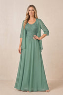 Sea Glass Cape Sleeves A-Line Chiffon Scoop Neck Embroidered Mother of the Bride Dress | KISSBRIDAL