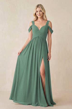 Sea Glass Chiffon A-Line Bridesmaid Dress with Slit | KISSBRIDAL