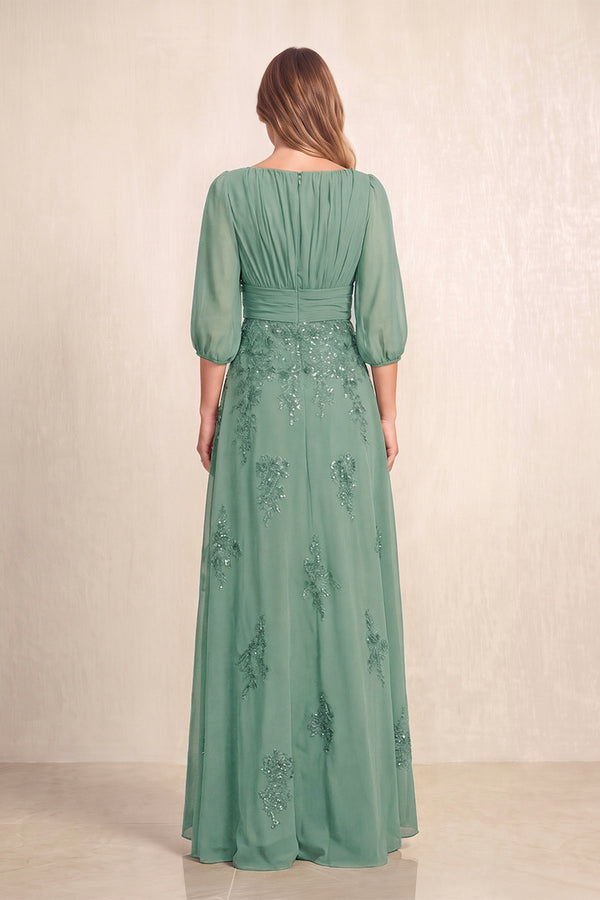 Sea Glass Chiffon A-Line Embroidered Boat Neck Long Mother of the Bride Dress (2) | KISSBRIDAL