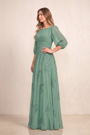 Sea Glass Chiffon A-Line Embroidered Boat Neck Long Mother of the Bride Dress (3) | KISSBRIDAL