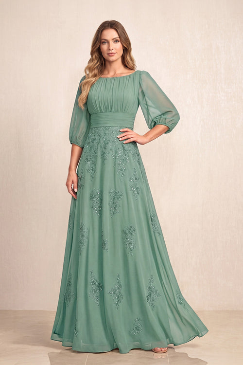 Sea Glass Chiffon A-Line Embroidered Boat Neck Long Mother of the Bride Dress | KISSBRIDAL