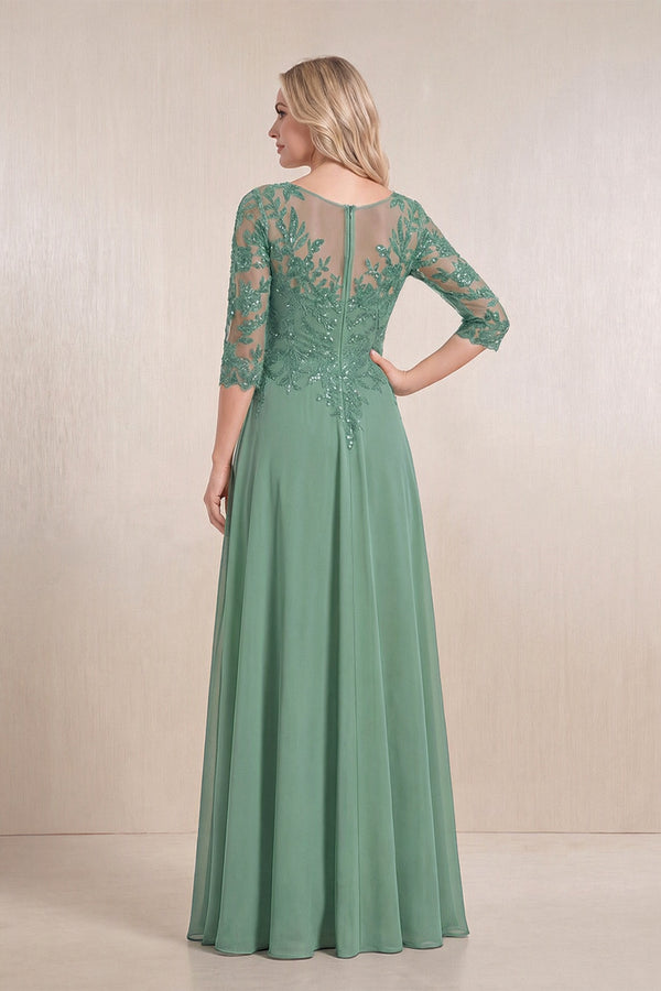 Sea Glass Chiffon A-Line Embroidered Mother of the Bride Dress With Sleeves (2) | KISSBRIDAL