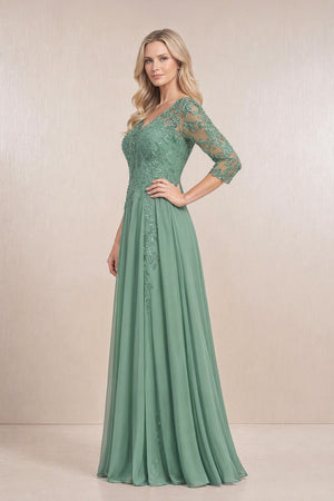 Sea Glass Chiffon A-Line Embroidered Mother of the Bride Dress With Sleeves (3) | KISSBRIDAL