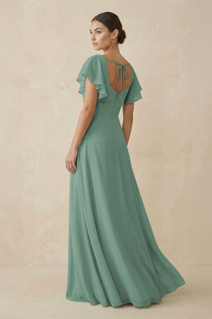 Sea Glass Chiffon A-Line Long Bridesmaid Dress with Flutter Sleeves (2) | KISSBRIDAL