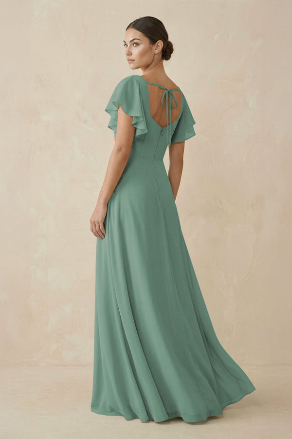 Sea Glass Chiffon A-Line Long Bridesmaid Dress with Flutter Sleeves (2) | KISSBRIDAL