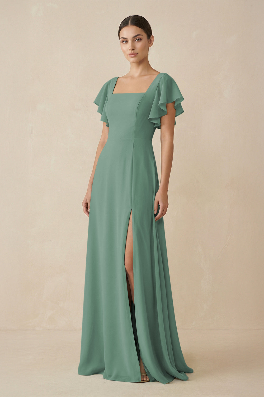 Chiffon A-Line Long Bridesmaid Dress with Flutter Sleeves in Sea Glass