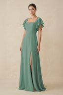 Sea Glass Chiffon A-Line Long Bridesmaid Dress with Flutter Sleeves | KISSBRIDAL
