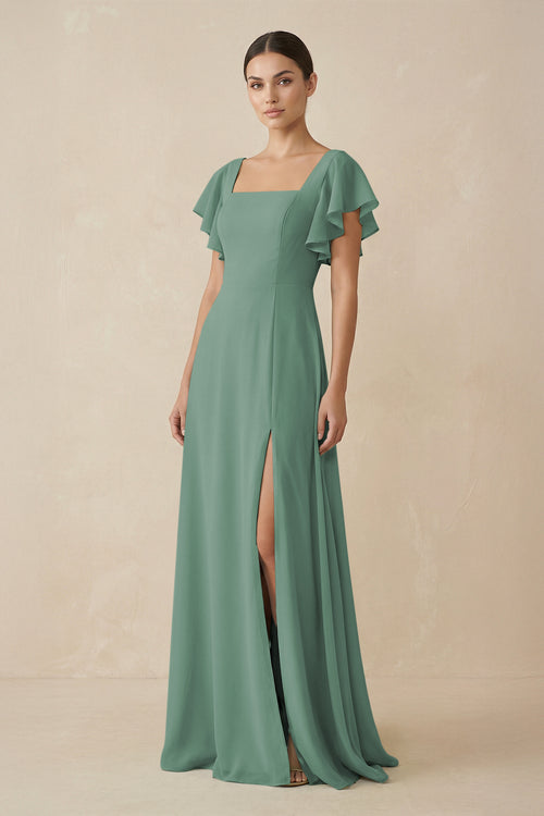 Sea Glass Chiffon A-Line Long Bridesmaid Dress with Flutter Sleeves | KISSBRIDAL
