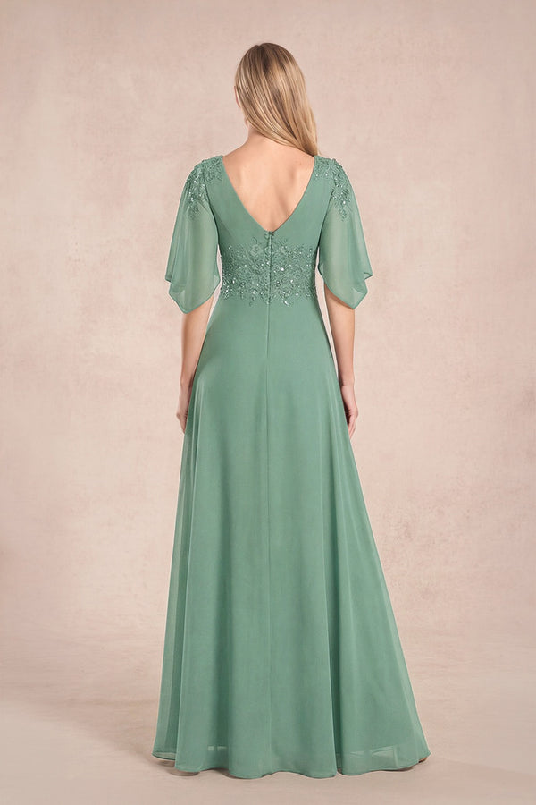 Sea Glass Chiffon Lone Sleeves A-Line V-Neck Embroidered Mother of the Bride Dress (2) | KISSBRIDAL