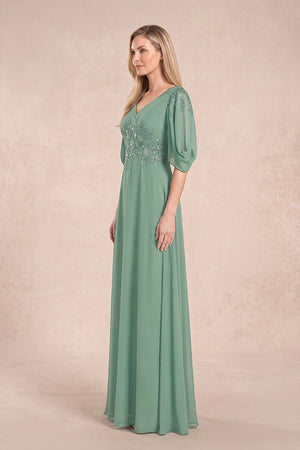 Sea Glass Chiffon Lone Sleeves A-Line V-Neck Embroidered Mother of the Bride Dress (3) | KISSBRIDAL