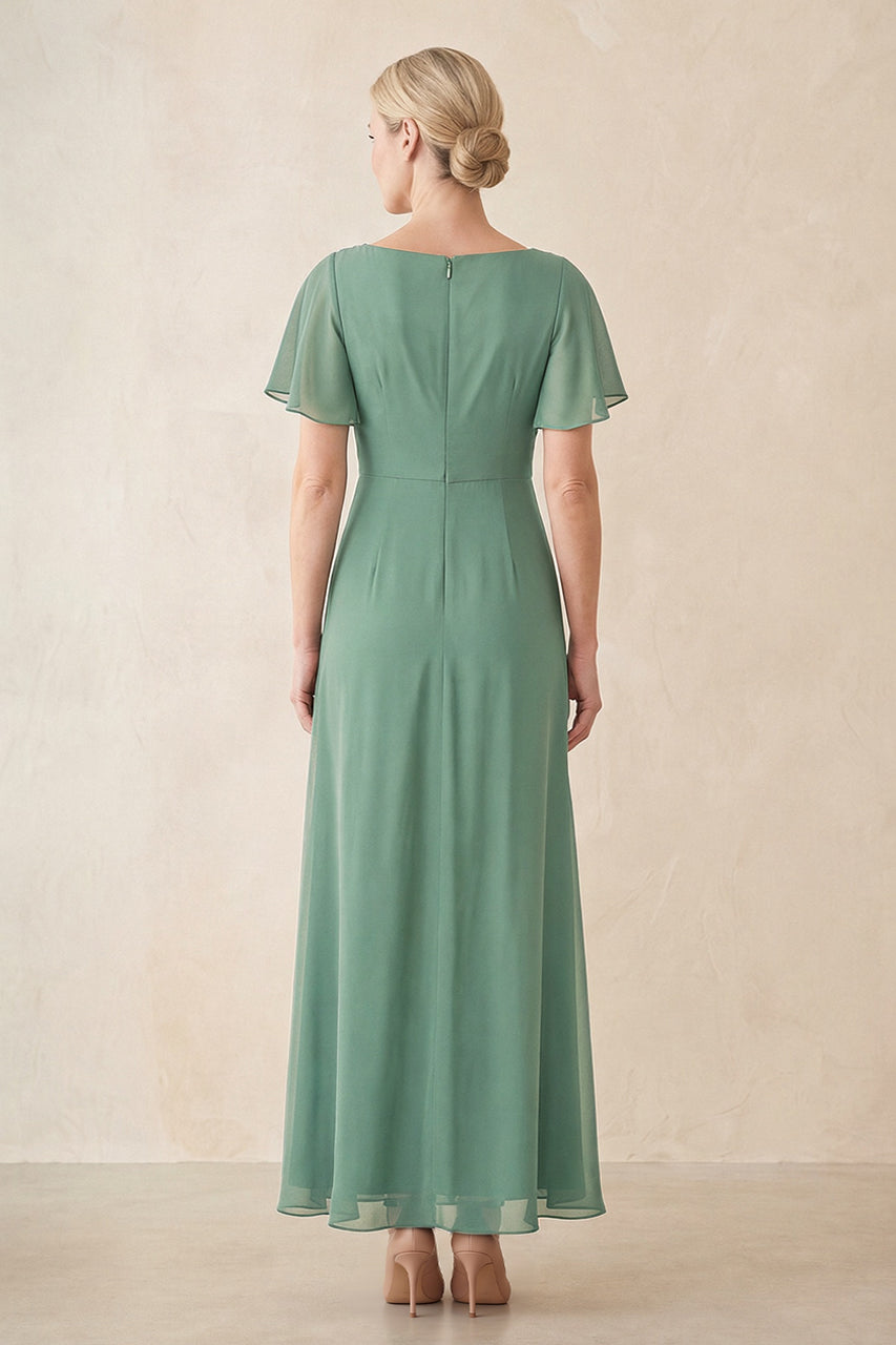 Sea Glass Chiffon Ruched A-Line Ruffled Sleeves Midi Mother of the Bride Dress