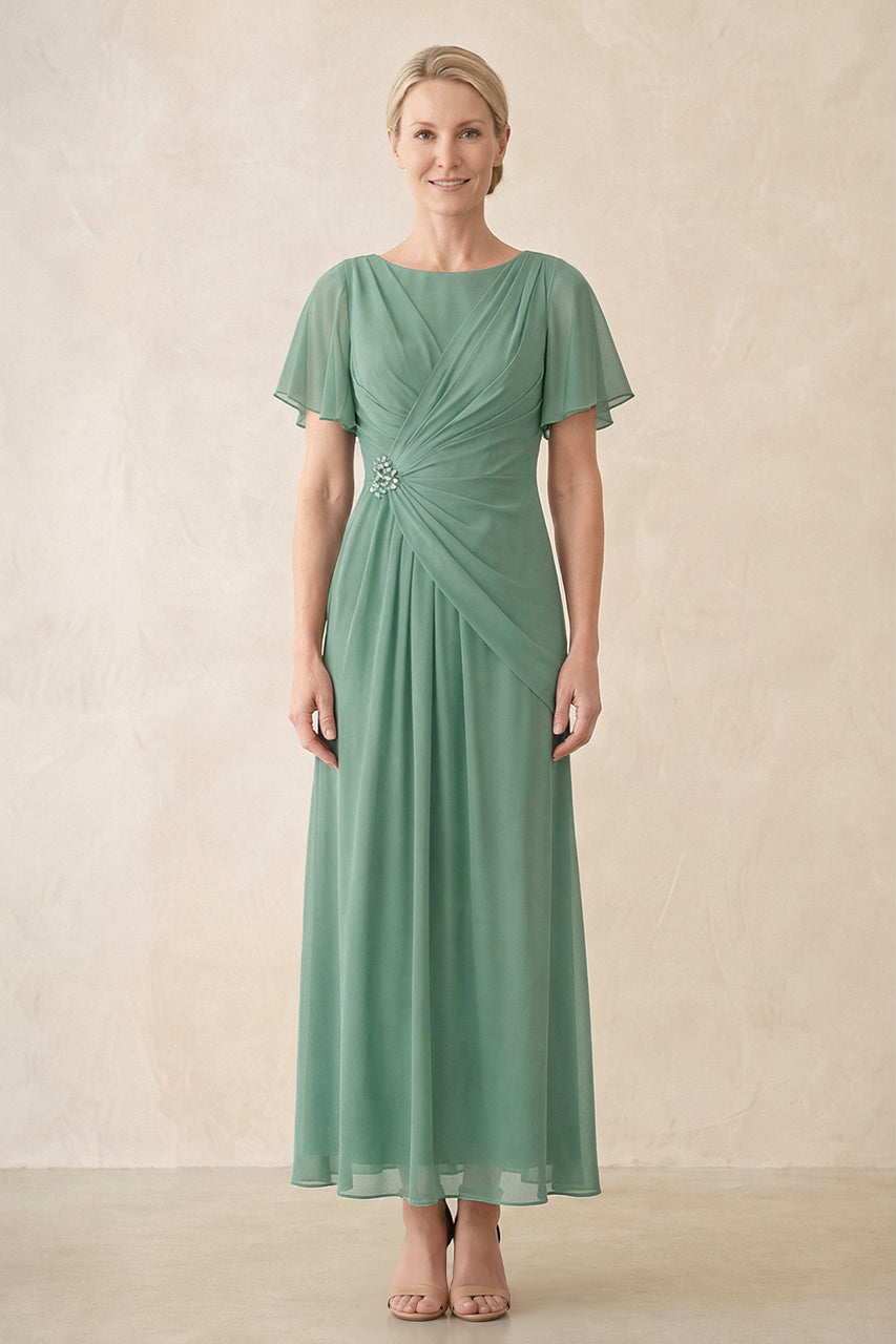 Sea Glass Chiffon Ruched A-Line Ruffled Sleeves Midi Mother of the Bride Dress