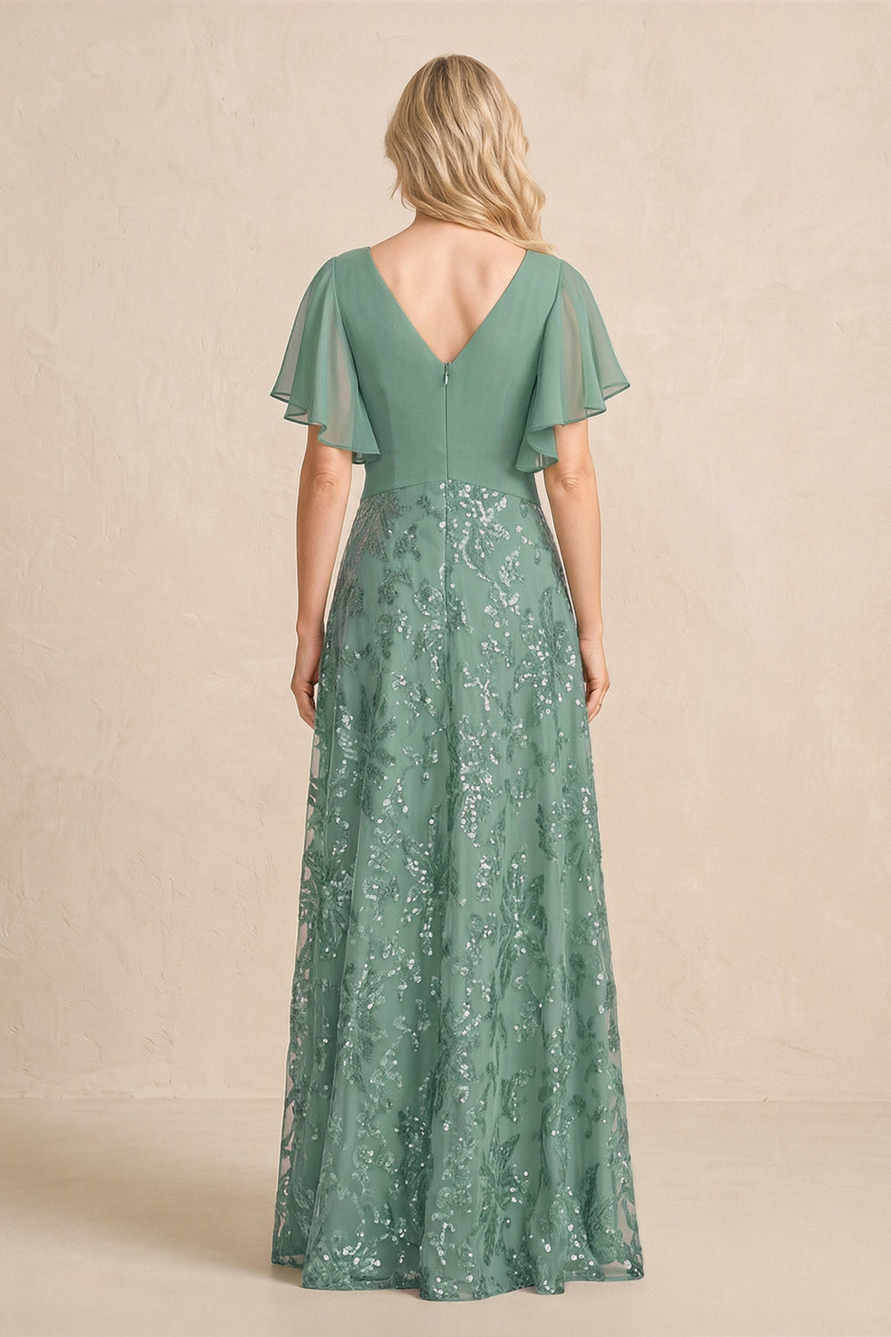 Sea Glass Chiffon V-Neck A-Line Embroidered Mother of the Bride Dress with Ruffled Sleeves