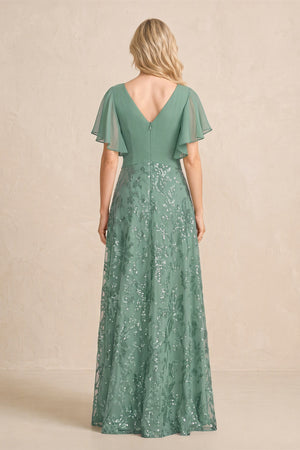 Sea Glass Chiffon V-Neck A-Line Embroidered Mother of the Bride Dress with Ruffled Sleeves (2) | KISSBRIDAL