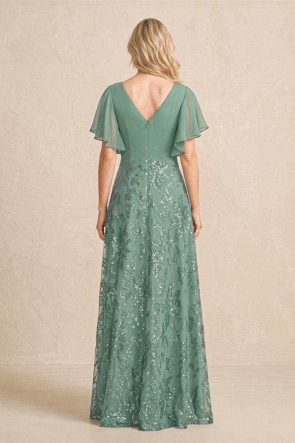 Sea Glass Chiffon V-Neck A-Line Embroidered Mother of the Bride Dress with Ruffled Sleeves (2) | KISSBRIDAL