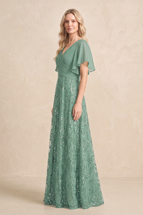 Sea Glass Chiffon V-Neck A-Line Embroidered Mother of the Bride Dress with Ruffled Sleeves (3) | KISSBRIDAL