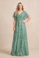 Sea Glass Chiffon V-Neck A-Line Embroidered Mother of the Bride Dress with Ruffled Sleeves | KISSBRIDAL