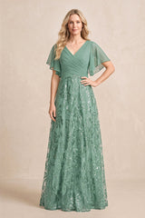 Sea Glass Chiffon V-Neck A-Line Embroidered Mother of the Bride Dress with Ruffled Sleeves | KISSBRIDAL