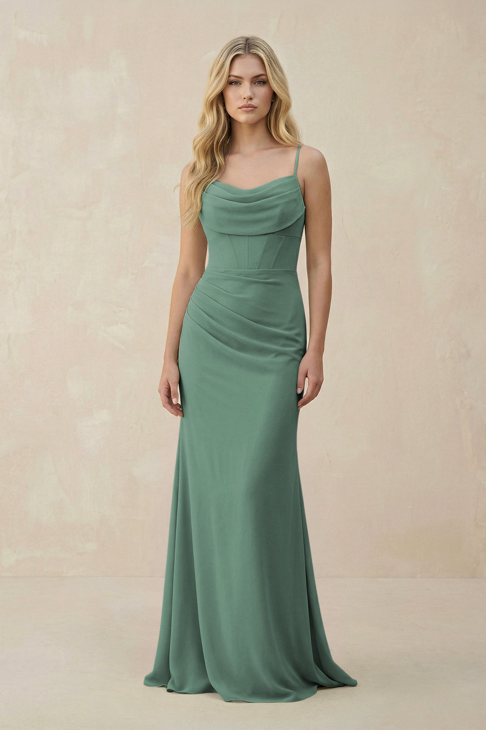 Cowl Neck Sheath Chiffon Bridesmaid Dress with Corset in Sea Glass