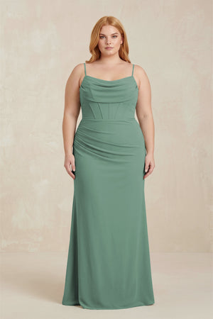 Sea Glass Cowl Neck Sheath Chiffon Bridesmaid Dress with Corset [sizeplus] | KISSBRIDAL