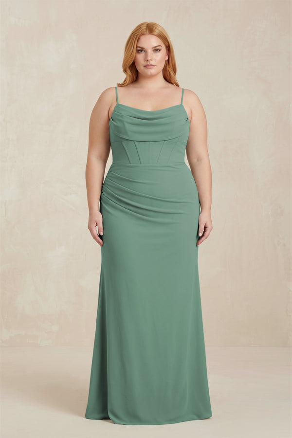 Sea Glass Cowl Neck Sheath Chiffon Bridesmaid Dress with Corset [sizeplus] | KISSBRIDAL