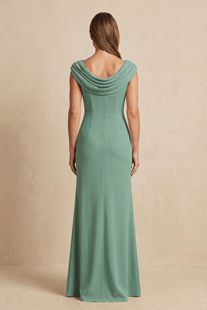 Sea Glass Cowl Neck Sheath Chiffon Mother of the Bride Dress with Slit and Cap Sleeves (2) | KISSBRIDAL
