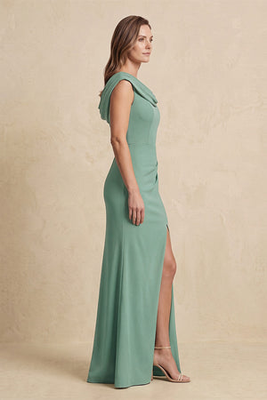 Sea Glass Cowl Neck Sheath Chiffon Mother of the Bride Dress with Slit and Cap Sleeves (3) | KISSBRIDAL