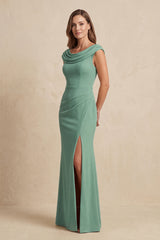 Sea Glass Cowl Neck Sheath Chiffon Mother of the Bride Dress with Slit and Cap Sleeves | KISSBRIDAL