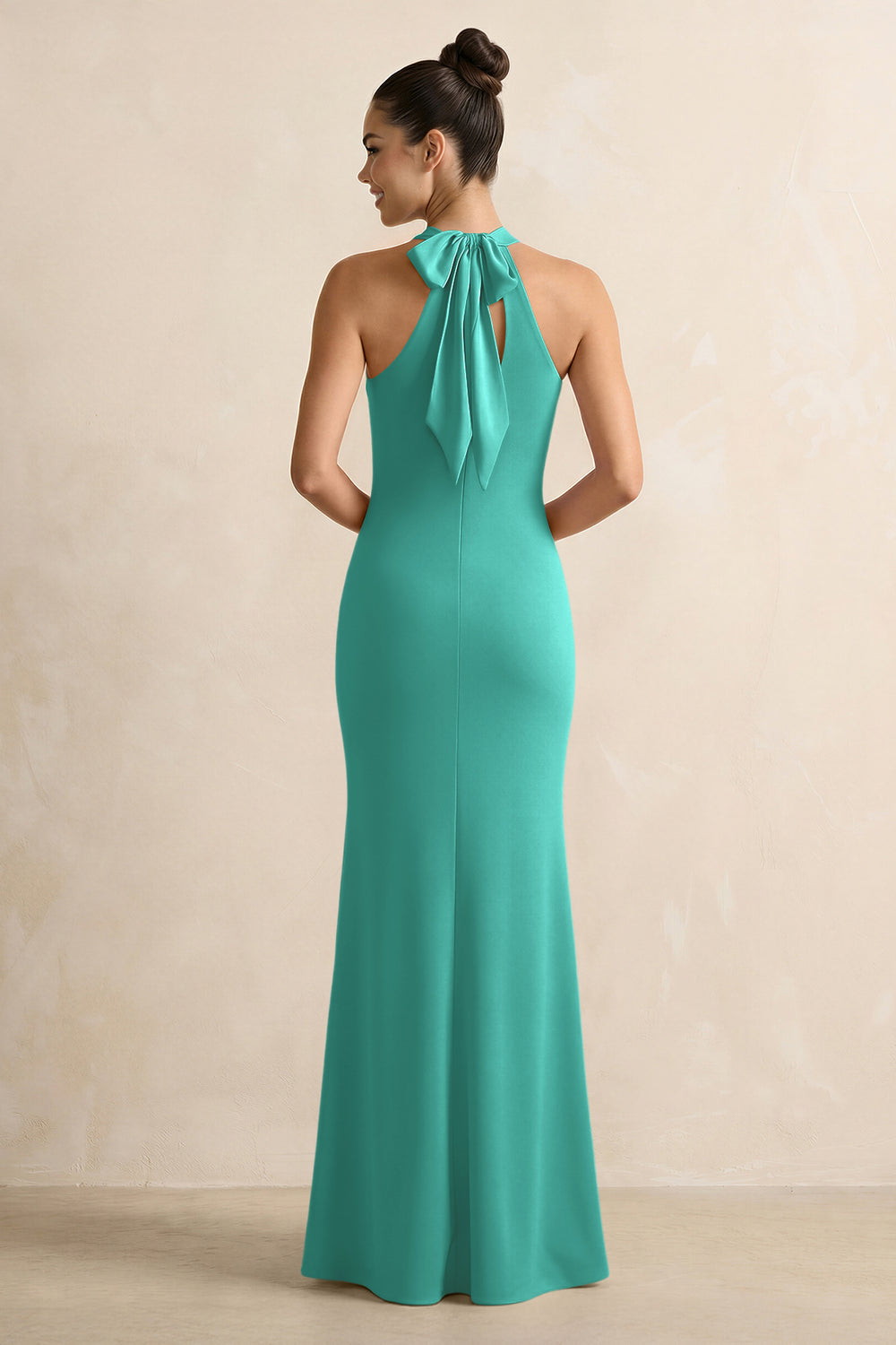 Crisscross Halter Sheath Satin Bridesmaid Dress with Bow in Sea Glass