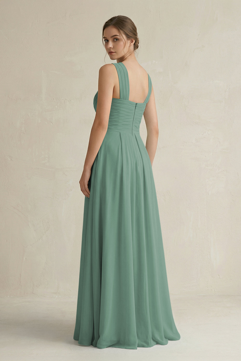 Cross Halter Chiffon A-Line Pleated Bridesmaid Dress in Sea Glass