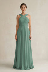 Sea Glass Cross Halter Chiffon A-Line Pleated Bridesmaid Dress | KISSBRIDAL