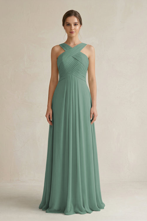 Sea Glass Cross Halter Chiffon A-Line Pleated Bridesmaid Dress | KISSBRIDAL