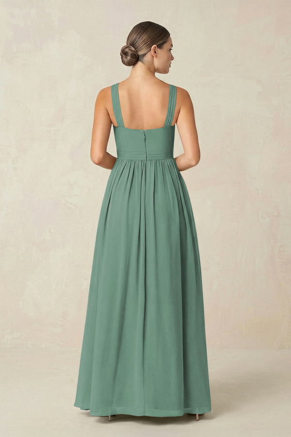 Sea Glass Cross Halter Neck Chiffon A-Line Bridesmaid Dress With Slit (2) | KISSBRIDAL