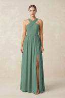 Sea Glass Cross Halter Neck Chiffon A-Line Bridesmaid Dress With Slit | KISSBRIDAL