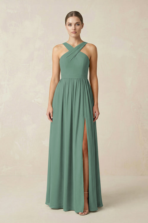 Sea Glass Cross Halter Neck Chiffon A-Line Bridesmaid Dress With Slit | KISSBRIDAL