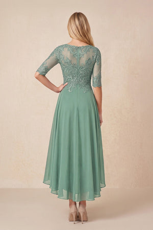 Sea Glass Embroidered A-Line Chiffon Midi Mother of the Bride Dress with Sleeves (2) | KISSBRIDAL
